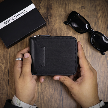 Men’s Compact Zip Wallet – Black Vegan Leather with Cash Pocket & Card Slots IM-30