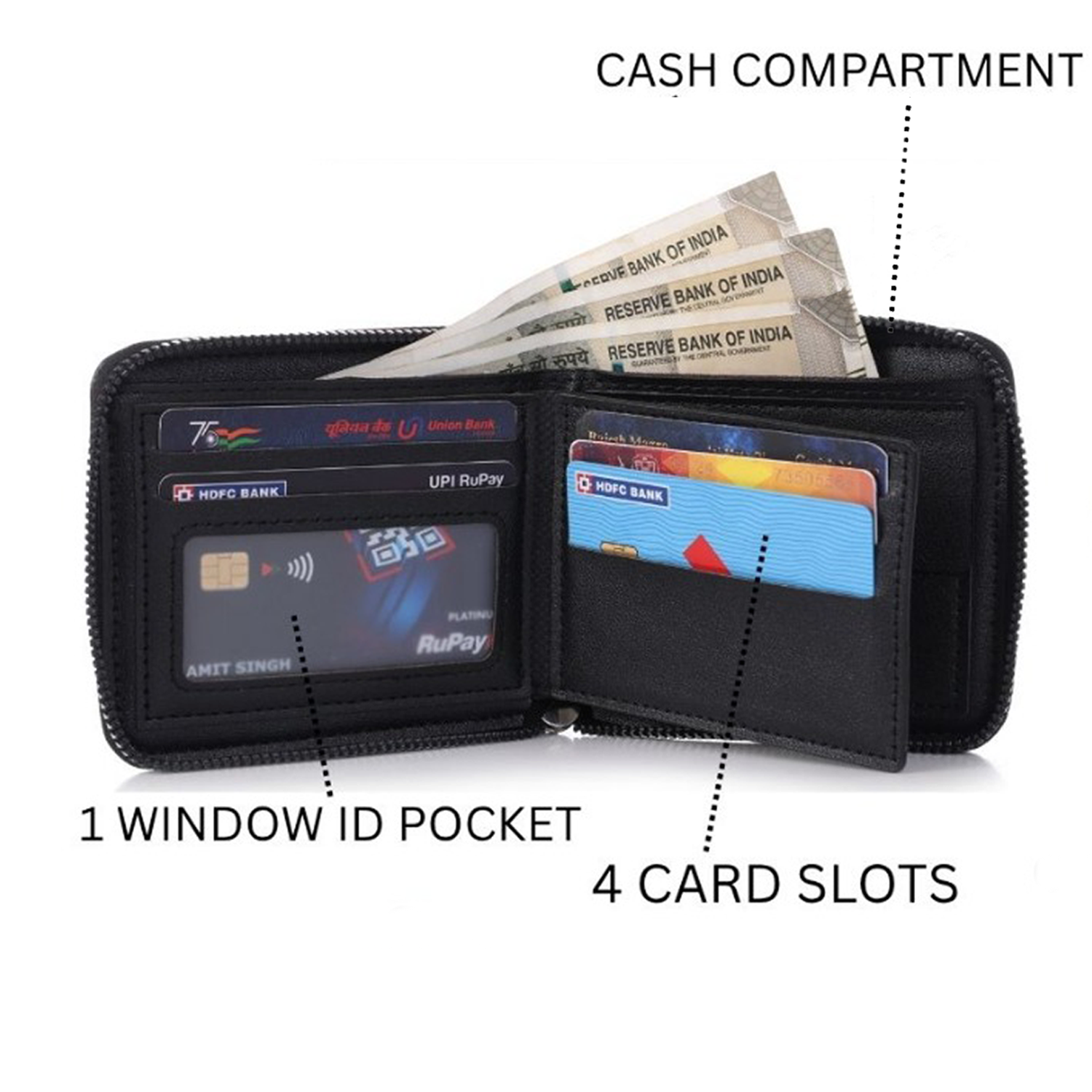 Men’s Compact Zip Wallet – Black Vegan Leather with Cash Pocket & Card Slots IM-30