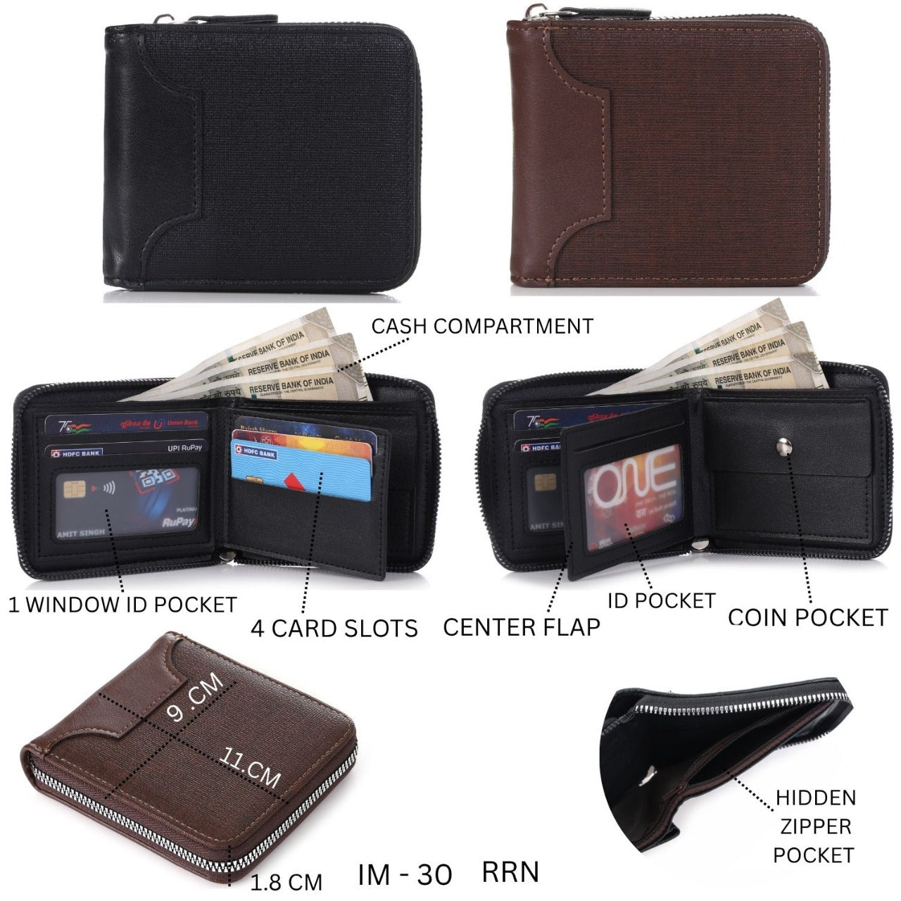 Men’s Compact Zip Wallet – Black Vegan Leather with Cash Pocket & Card Slots IM-30