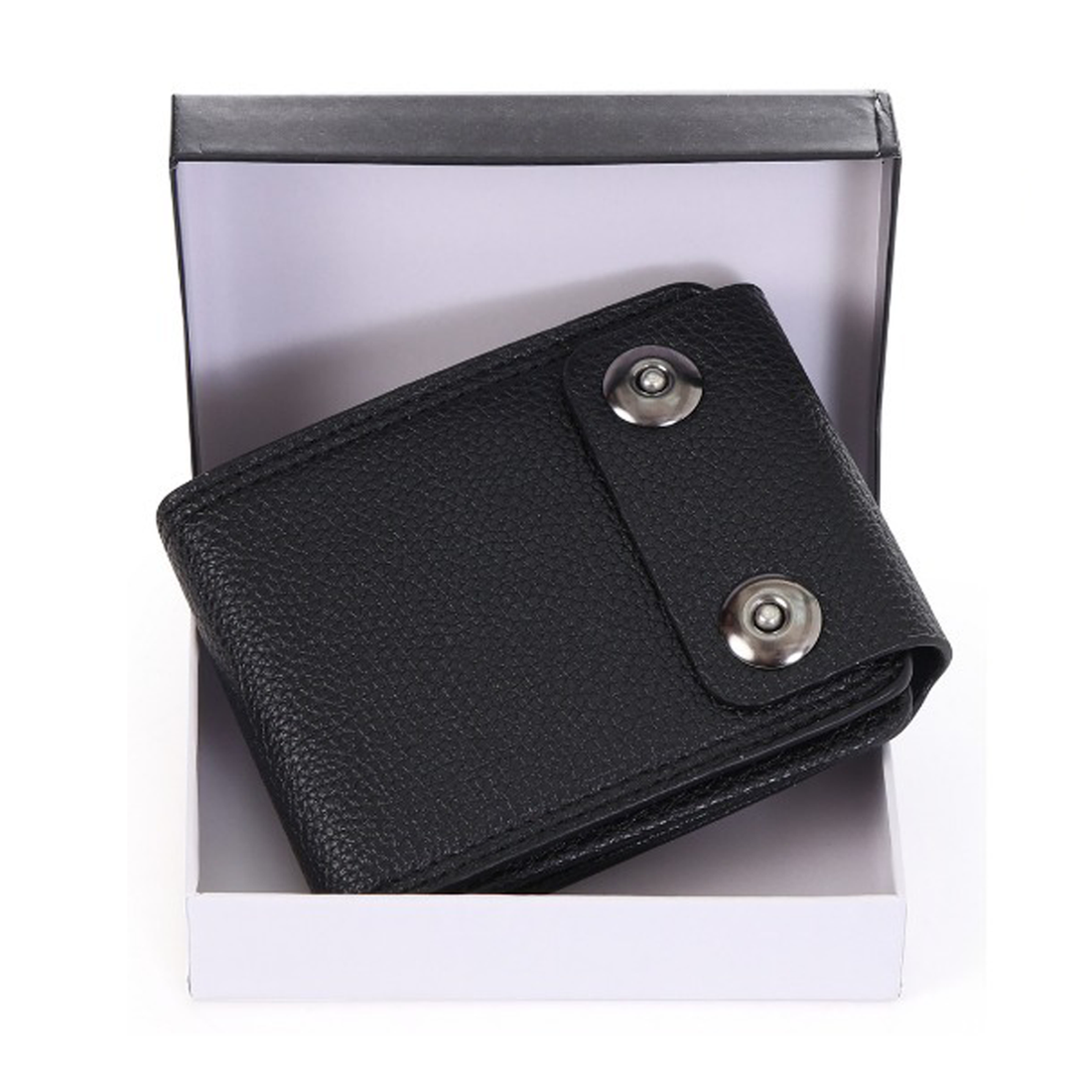 Classic Black Men’s Wallet – Coin Pocket, ID Window, Double Button Closure & Slim Design IL-48