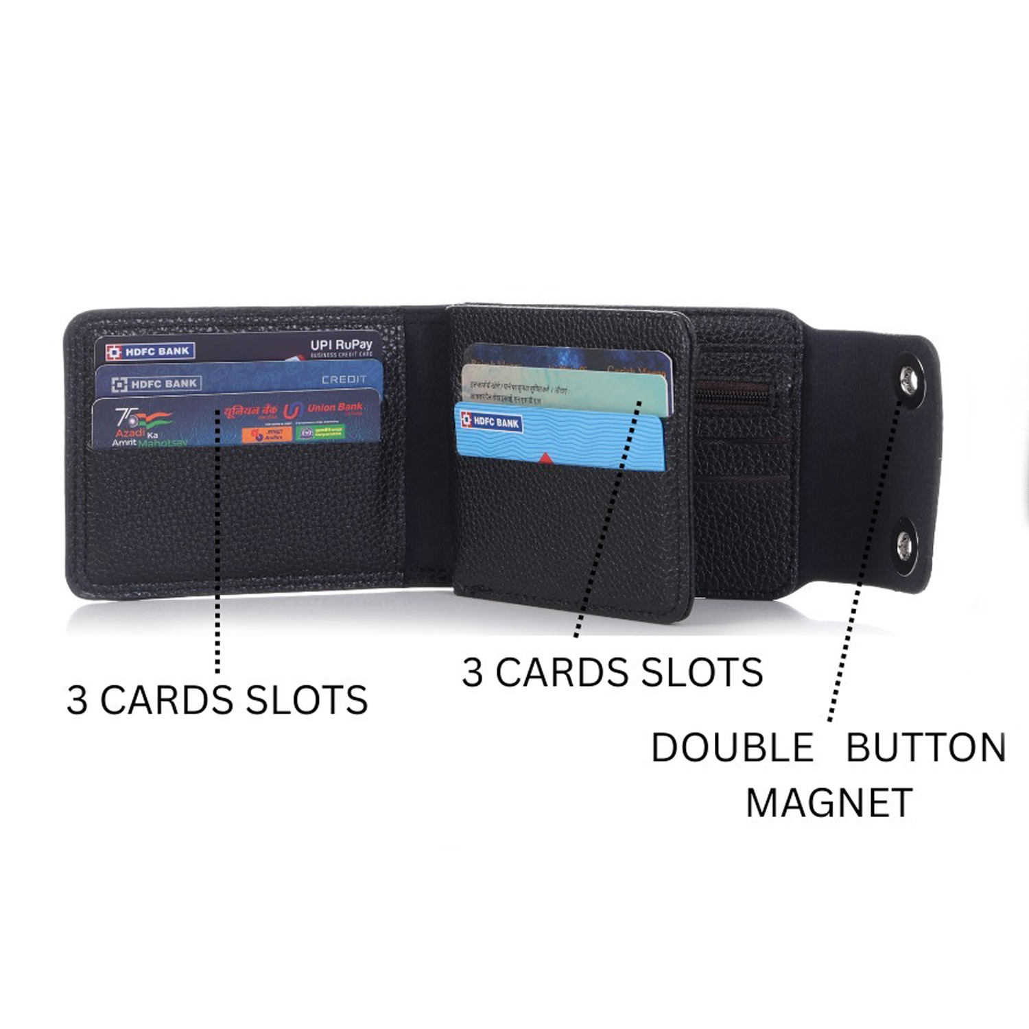Classic Black Men’s Wallet – Coin Pocket, ID Window, Double Button Closure & Slim Design IL-48