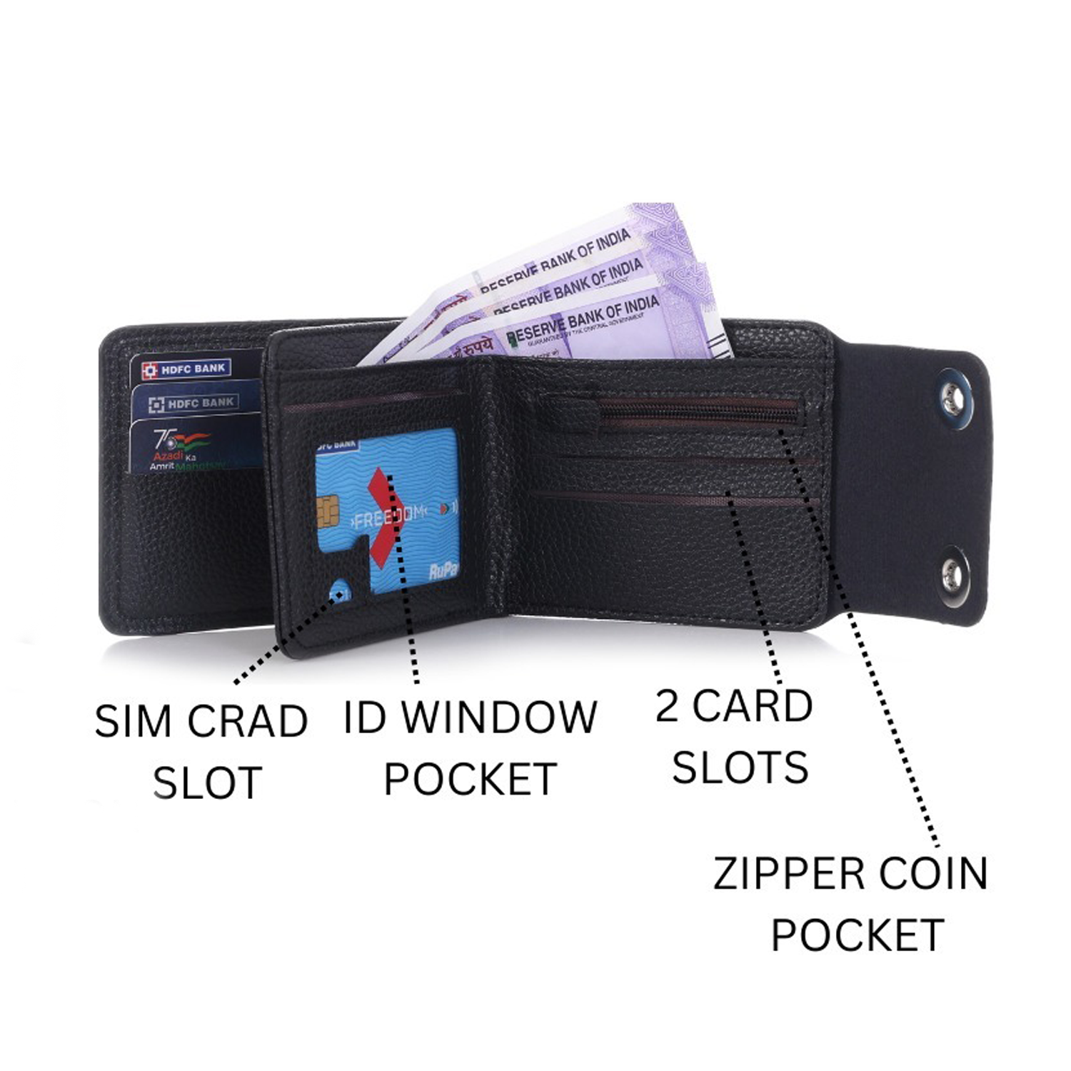 Classic Black Men’s Wallet – Coin Pocket, ID Window, Double Button Closure & Slim Design IL-48