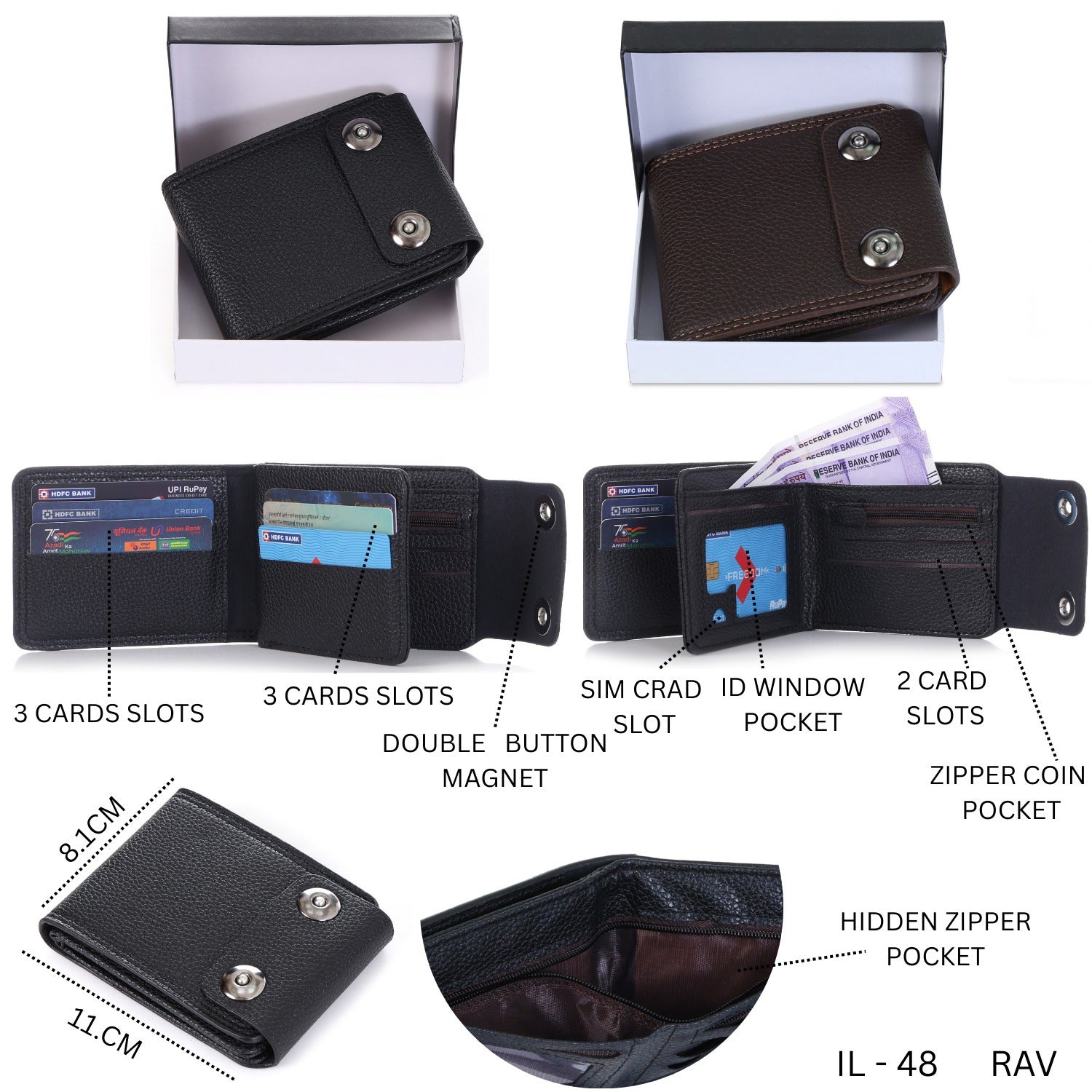 Classic Black Men’s Wallet – Coin Pocket, ID Window, Double Button Closure & Slim Design IL-48