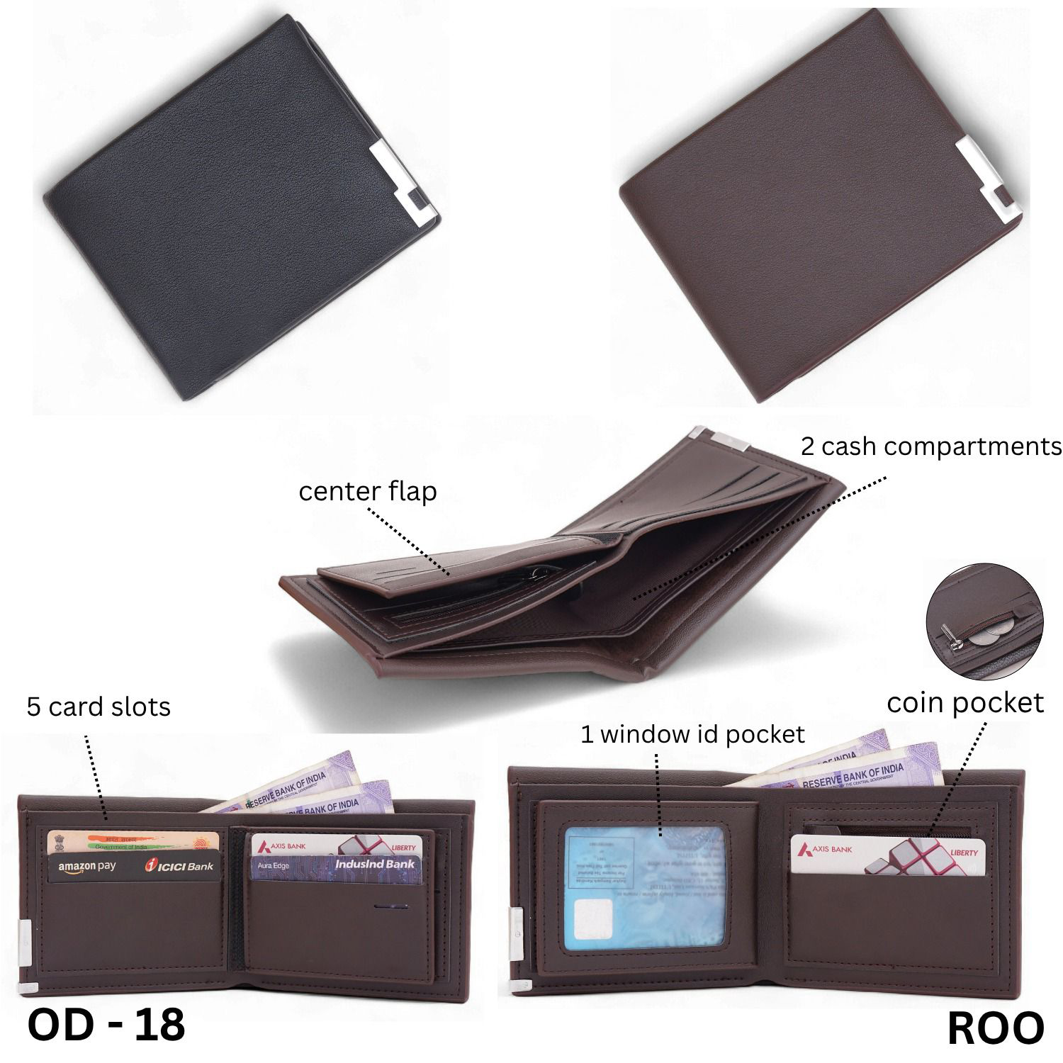 Men’s Bifold Wallet – Slim Design with Coin Pocket, ID Window & Multiple Card Slots OD-018