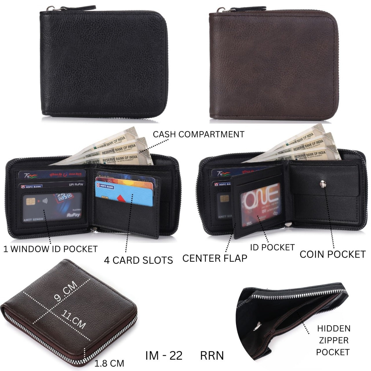 Premium Black Textured Faux Leather Zip Wallet for Men | Compact & Stylish Everyday Carry Wallet IM-22