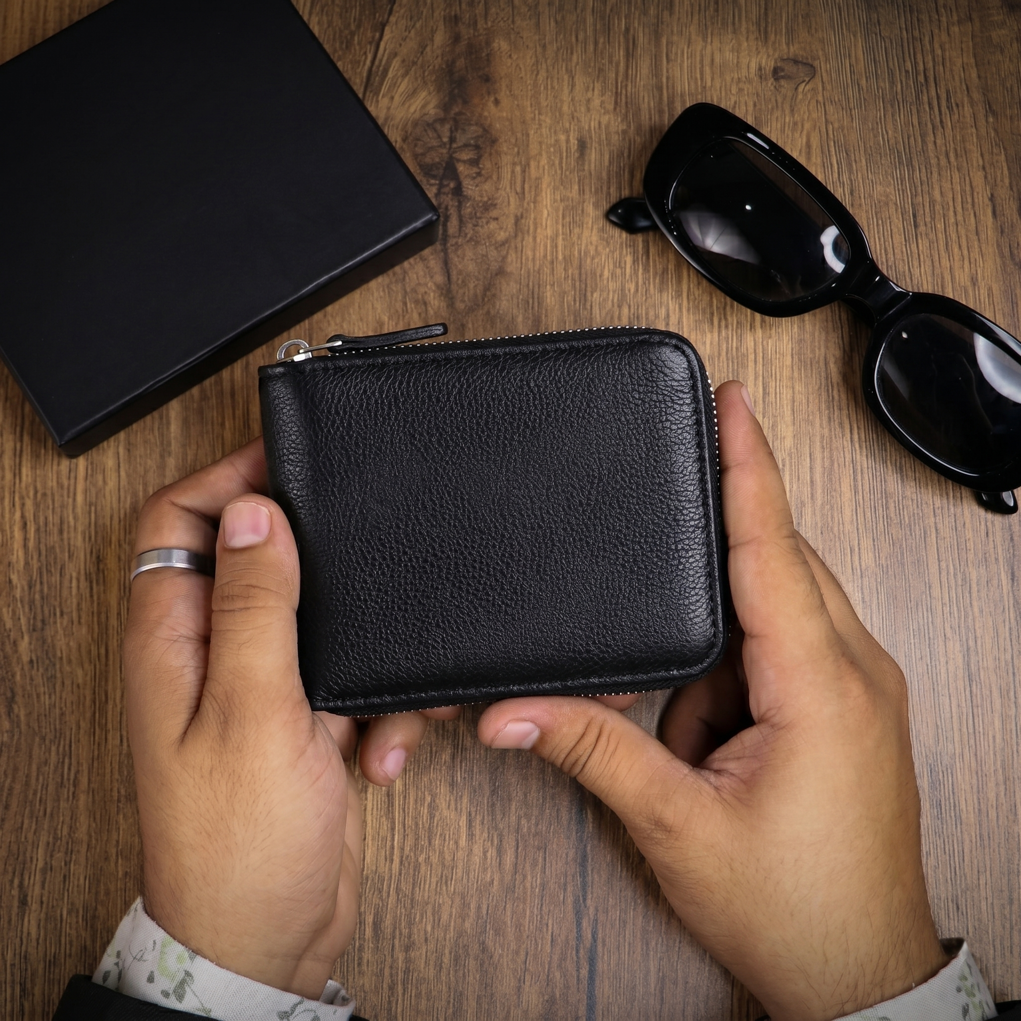 Premium Black Textured Faux Leather Zip Wallet for Men | Compact & Stylish Everyday Carry Wallet IM-22