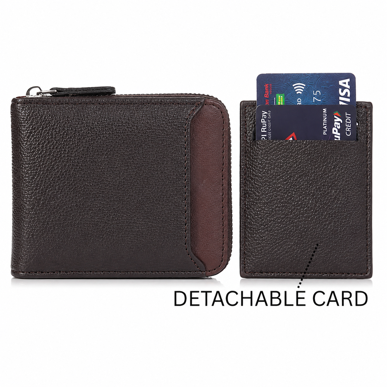 Premium Men's Vegan Leather Zip Wallet with Detachable Card Holder, Coin Pocket & RFID Protection IM-21